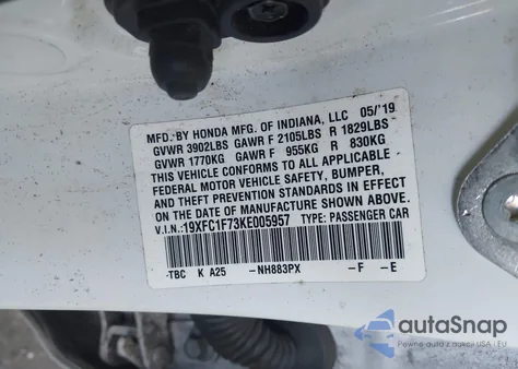 2019 Honda Civic Ex-L z USA, uszkodzony, nr VIN 19XFC1F73KE005957